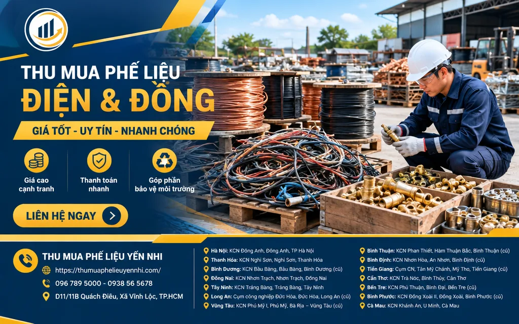 Đồng cáp, dây điện cũ và đồng thau được xếp tách biệt để định giá